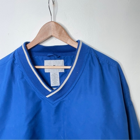 90s Cobalt Blue V-Neck Preppy Oversized Windbreaker Varsity Pull Over Jacket - Picture 3 of 5